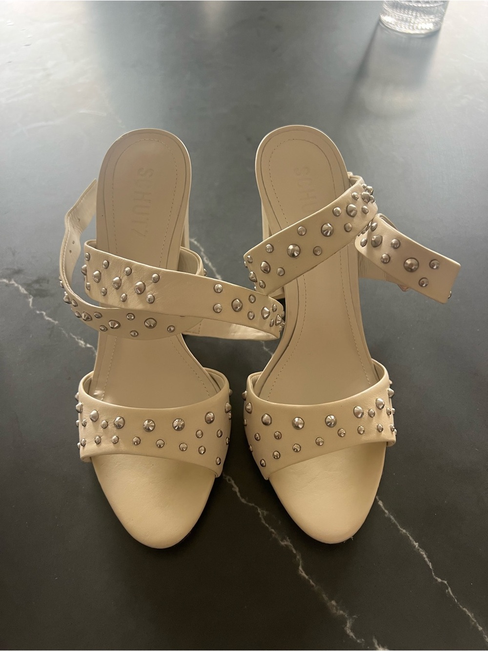 SCHUTZ Cream Studded Crisscross Slide Heels